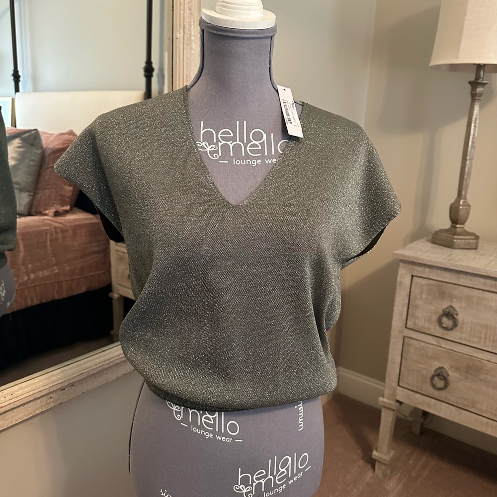 NWT Lilla P Metallic Loden Sparkle V-Neck Sweater